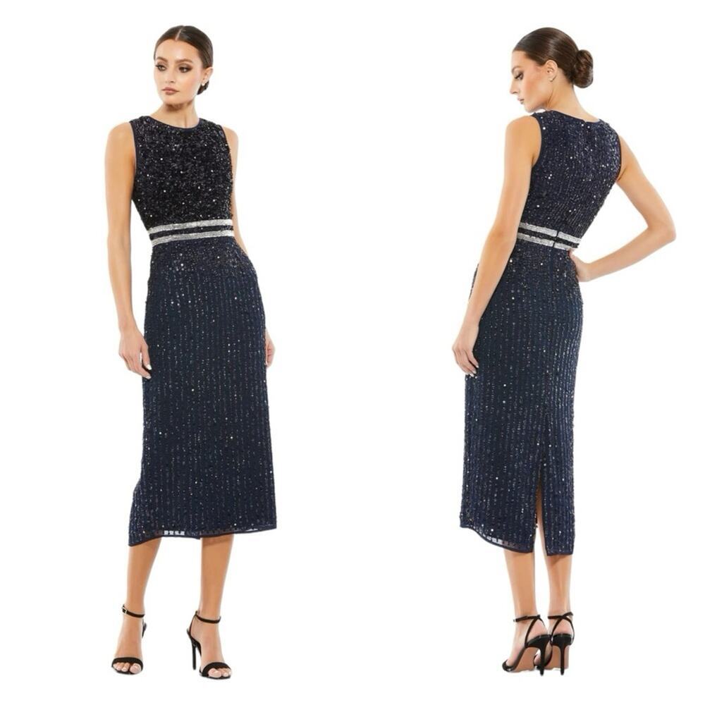 Mac Duggal Sleeveless High Neck Beaded Midi Sheath Dress in Navy Size 8 NWT